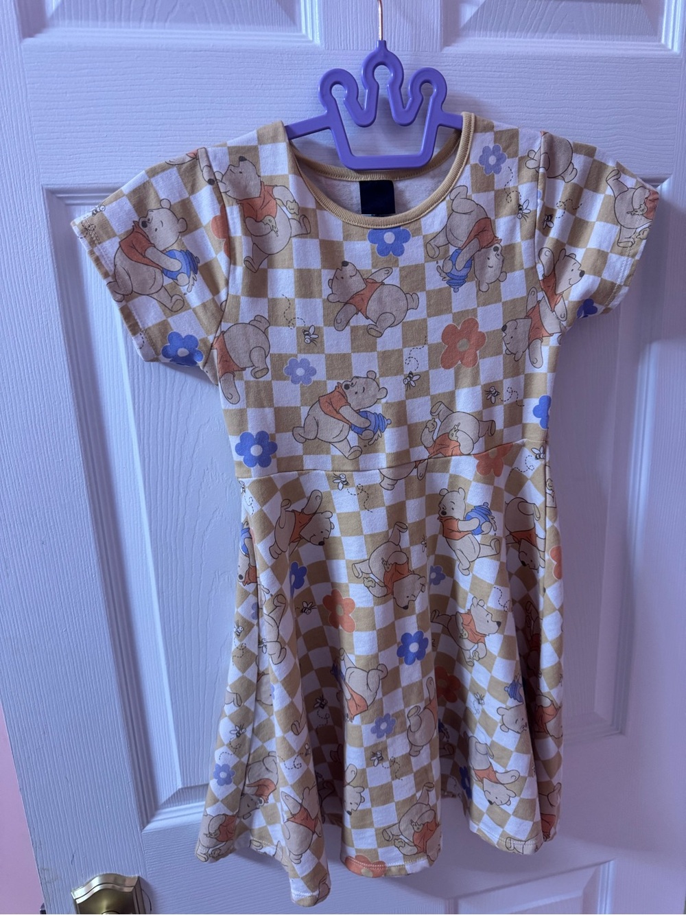Girls Beige Check Winnie-Themed Short Sleeve Dress. Disney dress,Winnie the Pooh